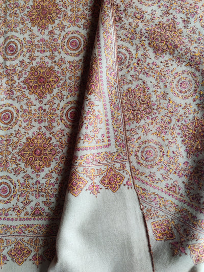 Beige Pure Pashmina / Cashmere Shawl with Multicolor Sozni Hand Embroidery