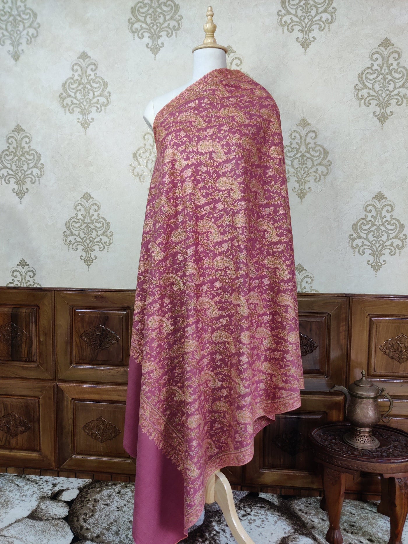 Pink Pure Pashmina / Cashmere Shawl with Multicolor Sozni Hand Embroidery - KashmKari