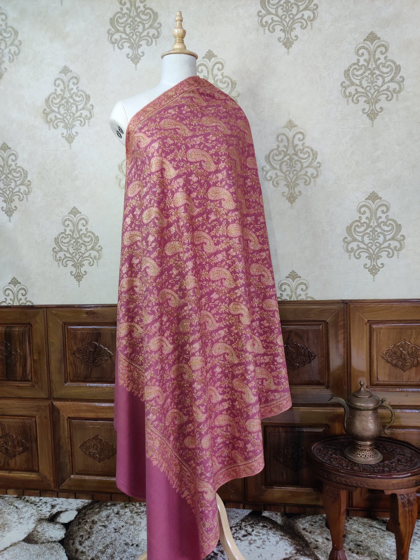 Pink Pure Pashmina / Cashmere Shawl with Multicolor Sozni Hand Embroidery - KashmKari