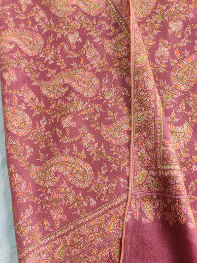 Pink Pure Pashmina / Cashmere Shawl with Multicolor Sozni Hand Embroidery - KashmKari