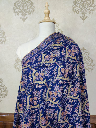 Royal Blue Pure Pashmina / Cashmere Shawl with Multicolor Sozni Hand Embroidery - KashmKari