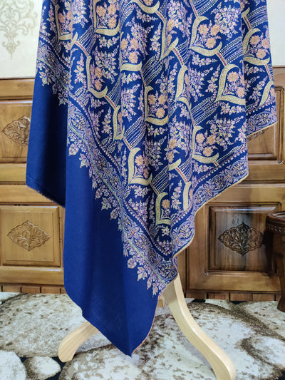 Royal Blue Pure Pashmina / Cashmere Shawl with Multicolor Sozni Hand Embroidery - KashmKari