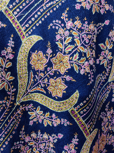 Royal Blue Pure Pashmina / Cashmere Shawl with Multicolor Sozni Hand Embroidery - KashmKari