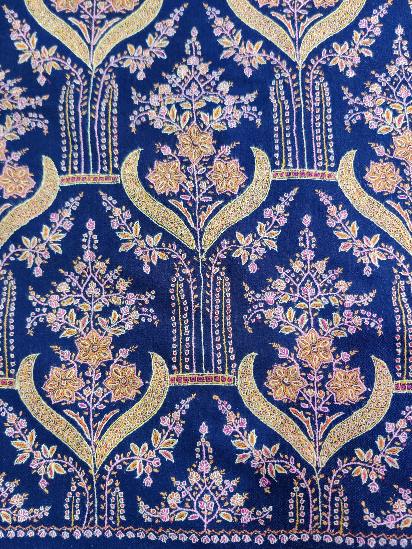 Royal Blue Pure Pashmina / Cashmere Shawl with Multicolor Sozni Hand Embroidery - KashmKari