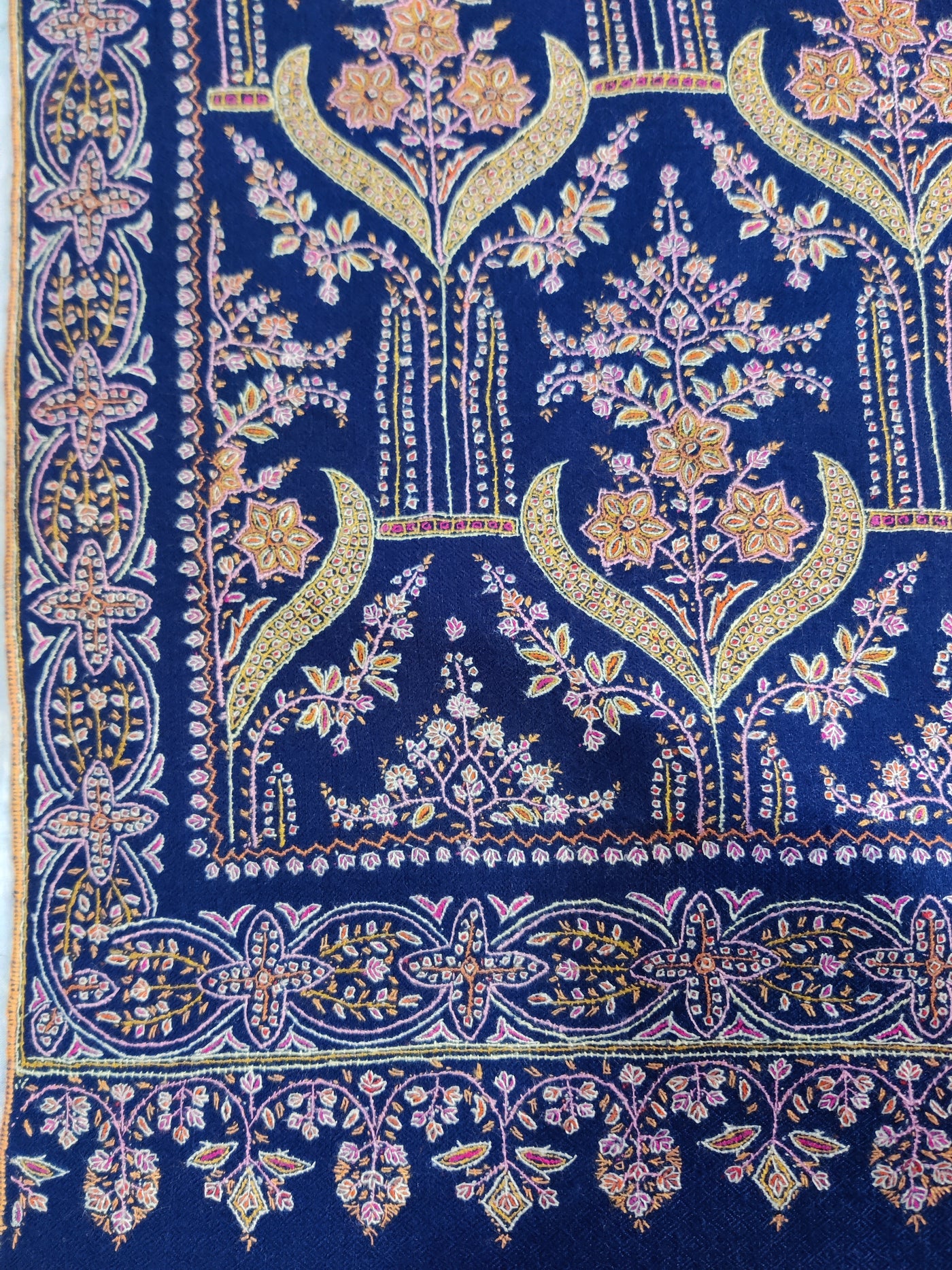 Royal Blue Pure Pashmina / Cashmere Shawl with Multicolor Sozni Hand Embroidery - KashmKari