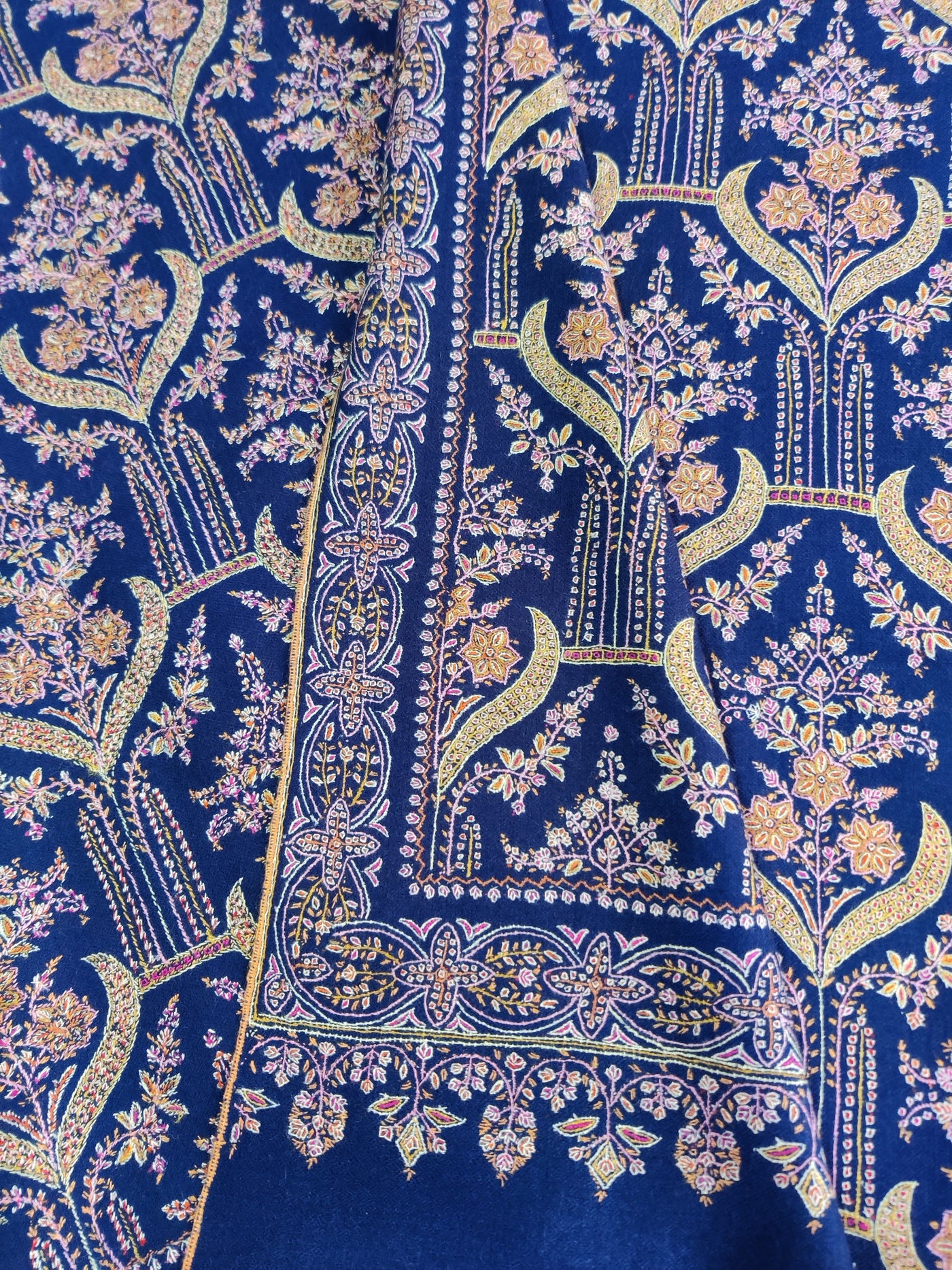 Royal Blue Pure Pashmina / Cashmere Shawl with Multicolor Sozni Hand Embroidery - KashmKari