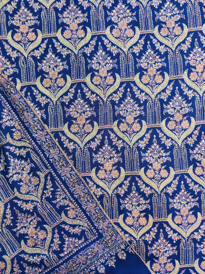 Royal Blue Pure Pashmina / Cashmere Shawl with Multicolor Sozni Hand Embroidery - KashmKari