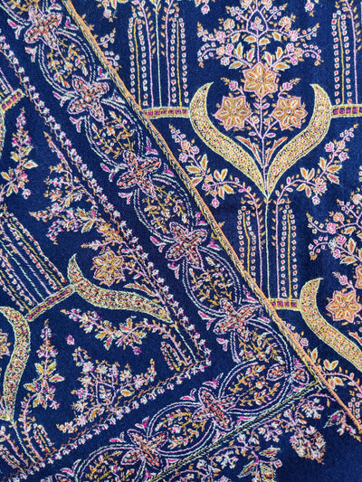 Royal Blue Pure Pashmina / Cashmere Shawl with Multicolor Sozni Hand Embroidery - KashmKari