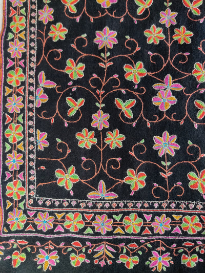 Black Pure Pashmina / Cashmere Shawl with all over Multicolor Sozni Hand Embroidery