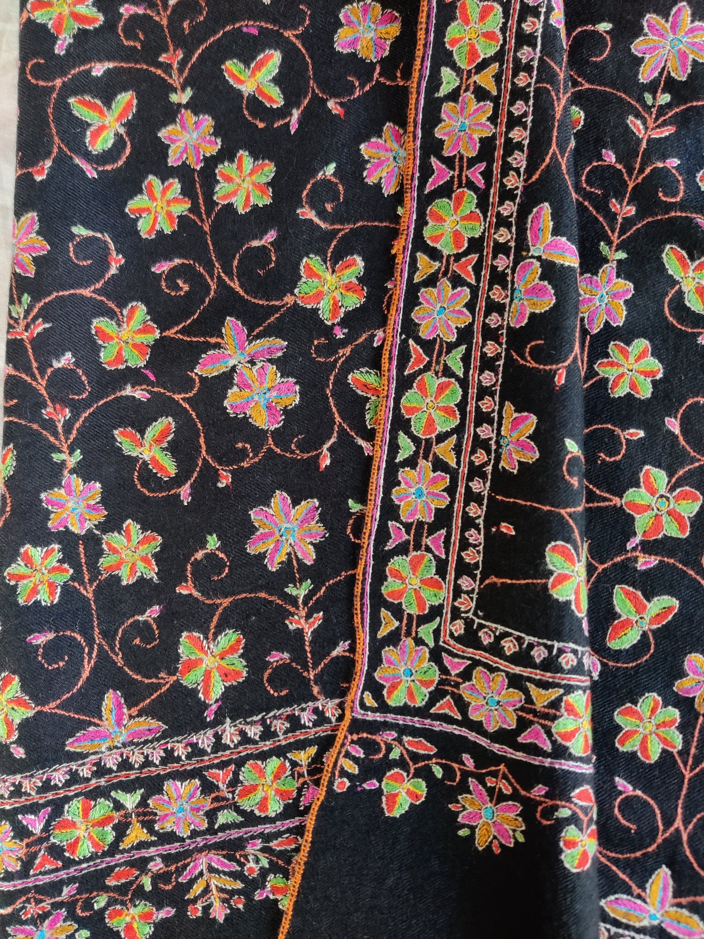 Black Pure Pashmina / Cashmere Shawl with all over Multicolor Sozni Hand Embroidery