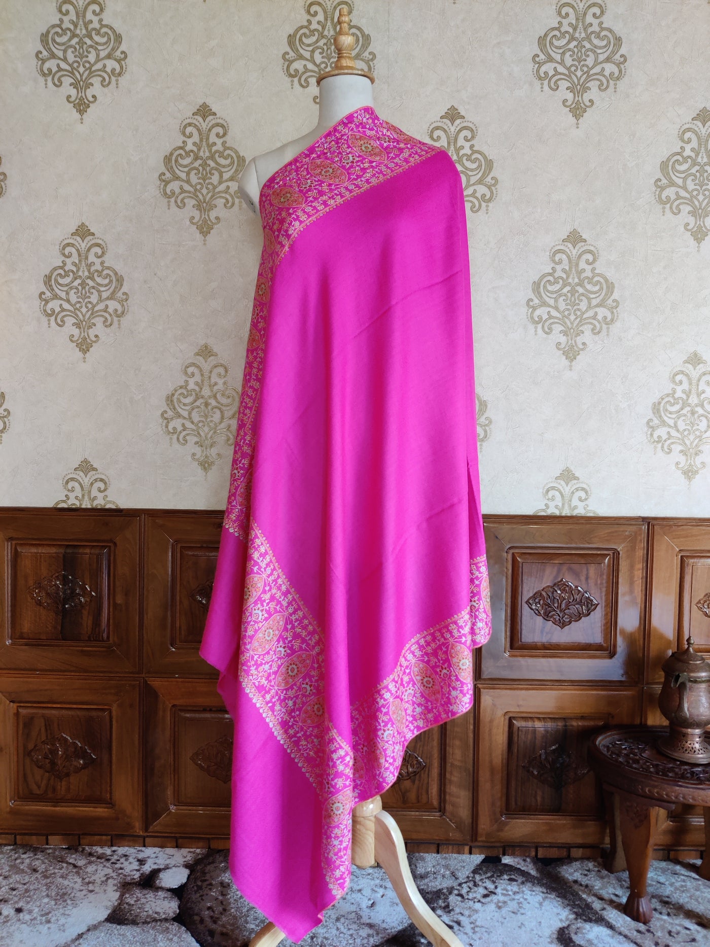 Pink Pure Pashmina / Cashmere Shawl with Multicolor Sozni Hand Embroidery - KashmKari