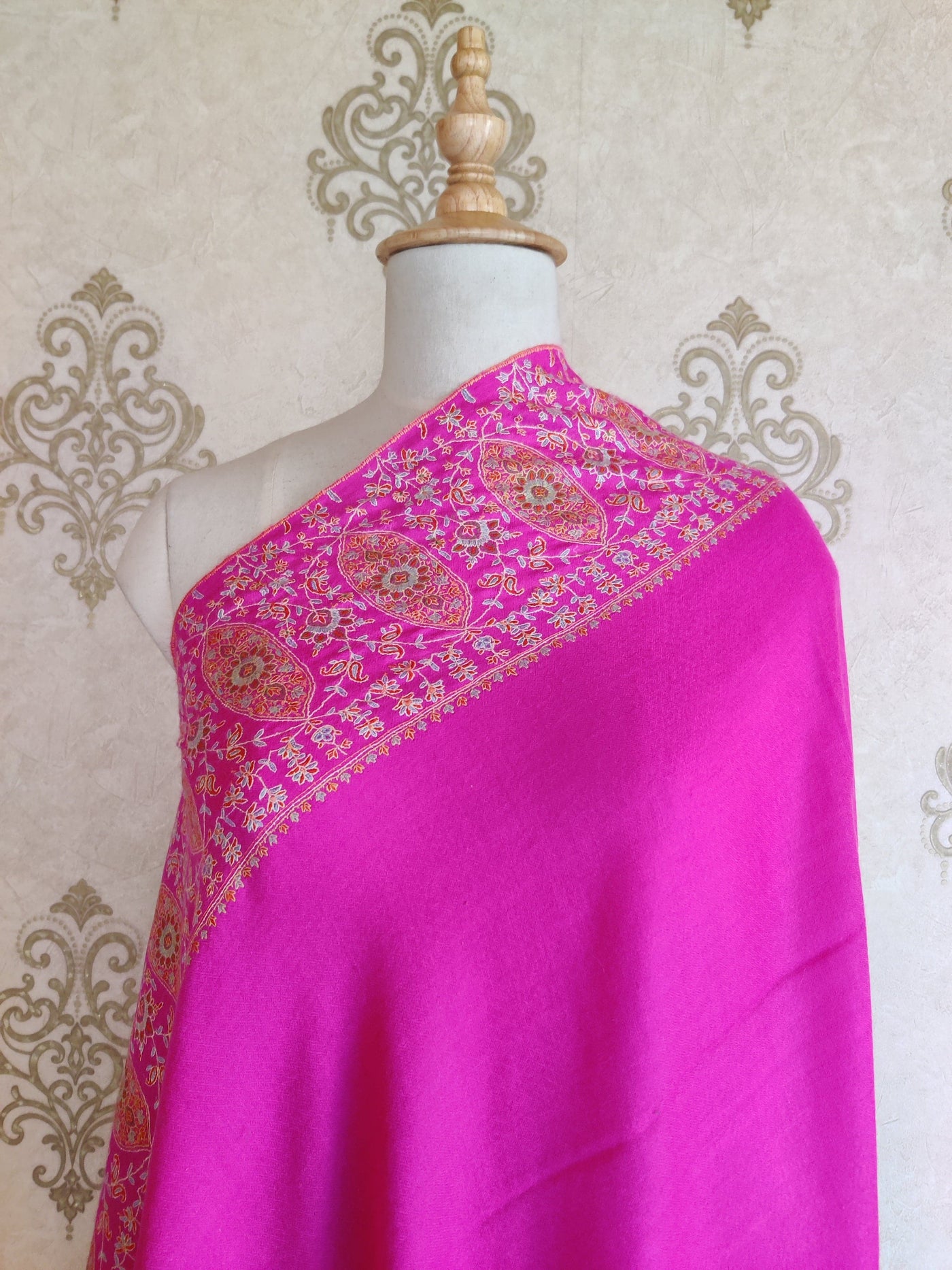 Pink Pure Pashmina / Cashmere Shawl with Multicolor Sozni Hand Embroidery - KashmKari