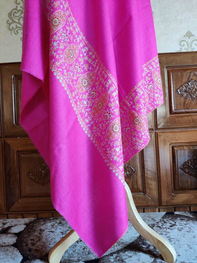 Pink Pure Pashmina / Cashmere Shawl with Multicolor Sozni Hand Embroidery - KashmKari