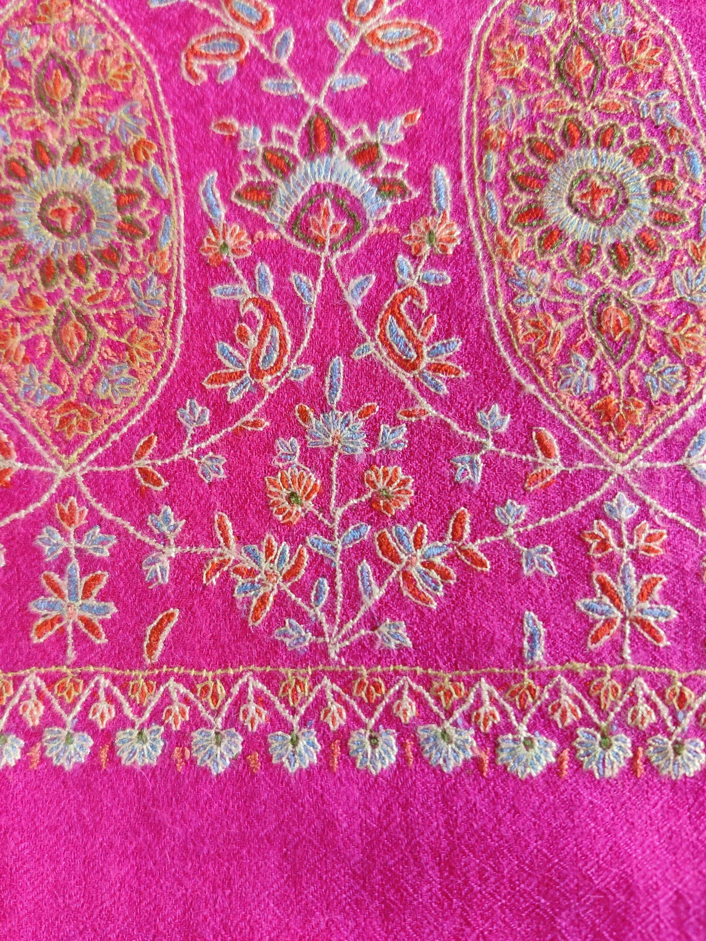 Pink Pure Pashmina / Cashmere Shawl with Multicolor Sozni Hand Embroidery - KashmKari