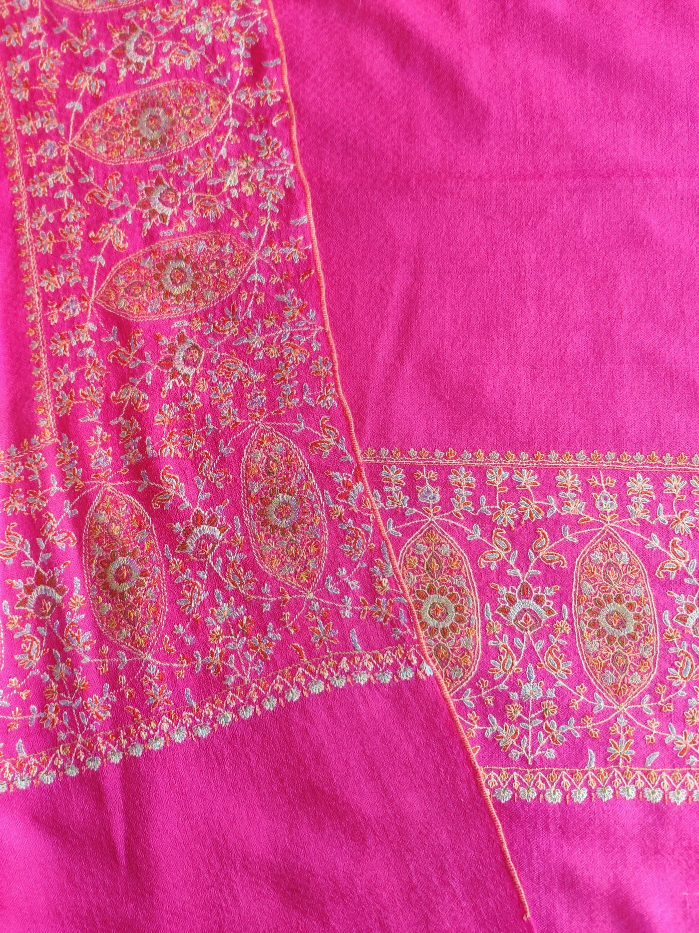 Pink Pure Pashmina / Cashmere Shawl with Multicolor Sozni Hand Embroidery - KashmKari
