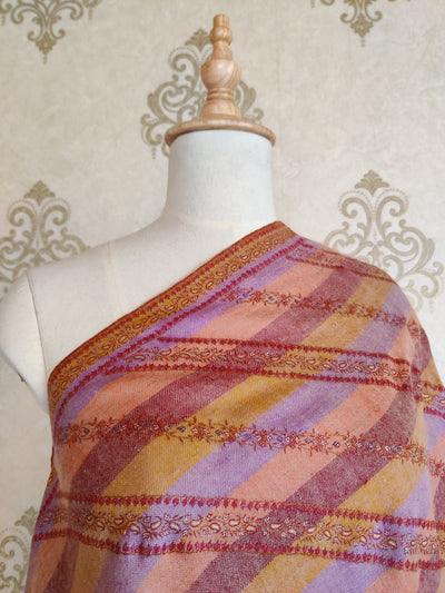 Multi-Shade Stripe Pattern Pure Pashmina / Cashmere Shawl with Multicolor Sozni Hand Embroidery - KashmKari