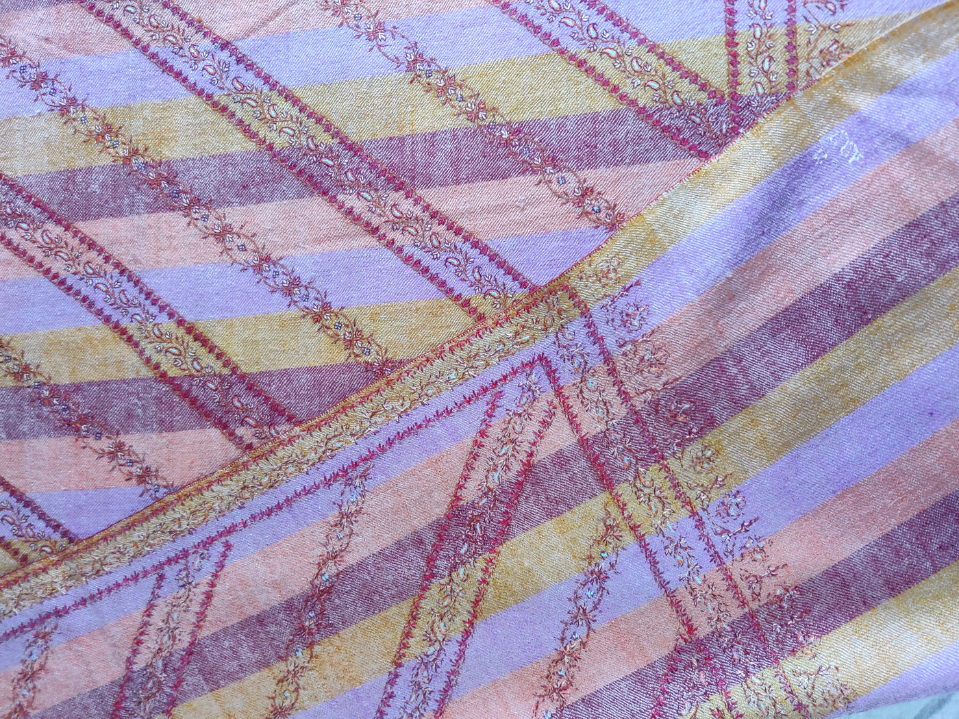 Multi-Shade Stripe Pattern Pure Pashmina / Cashmere Shawl with Multicolor Sozni Hand Embroidery - KashmKari