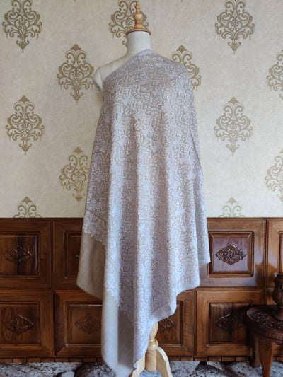 Beige Jamawar Pashmina Shawl with Intricate Sozni Embroidery