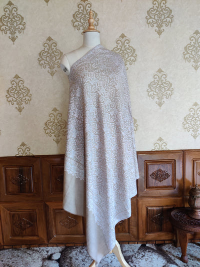Beige Jamawar Pashmina Shawl with Intricate Sozni Embroidery