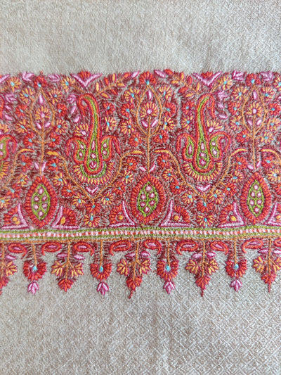 Luxurious Beige Pure Pashmina Shawl with Hand-Embroidered Borders - KashmKari