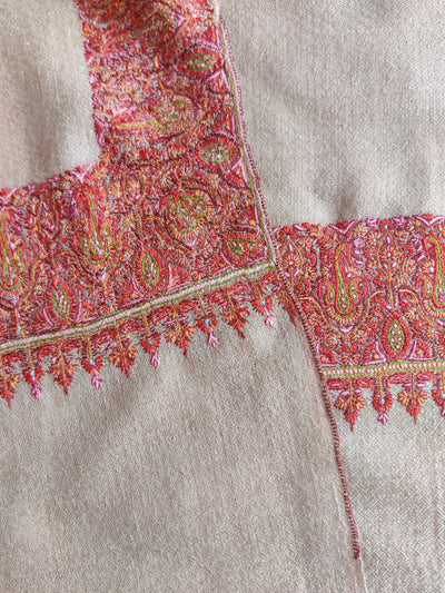 Luxurious Beige Pure Pashmina Shawl with Hand-Embroidered Borders - KashmKari