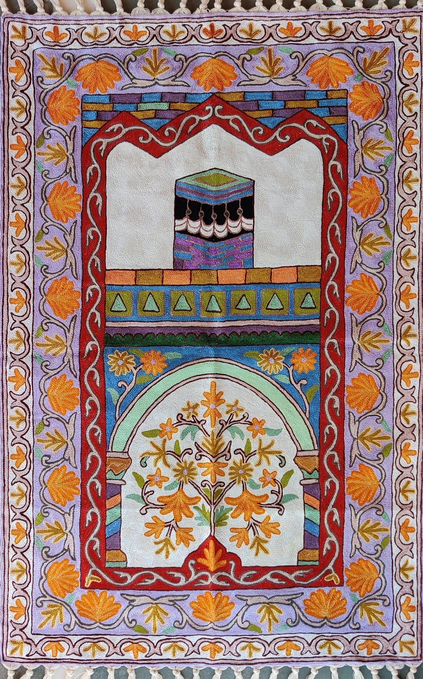 Kashmiri Hand-Embroidered Chain Stitch jainimaz (Prayer Mat) - KashmKari