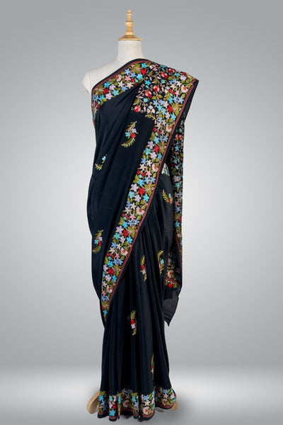 Black Kashmiri Pure Crepe saree with heavy Aari embroidery on pallu