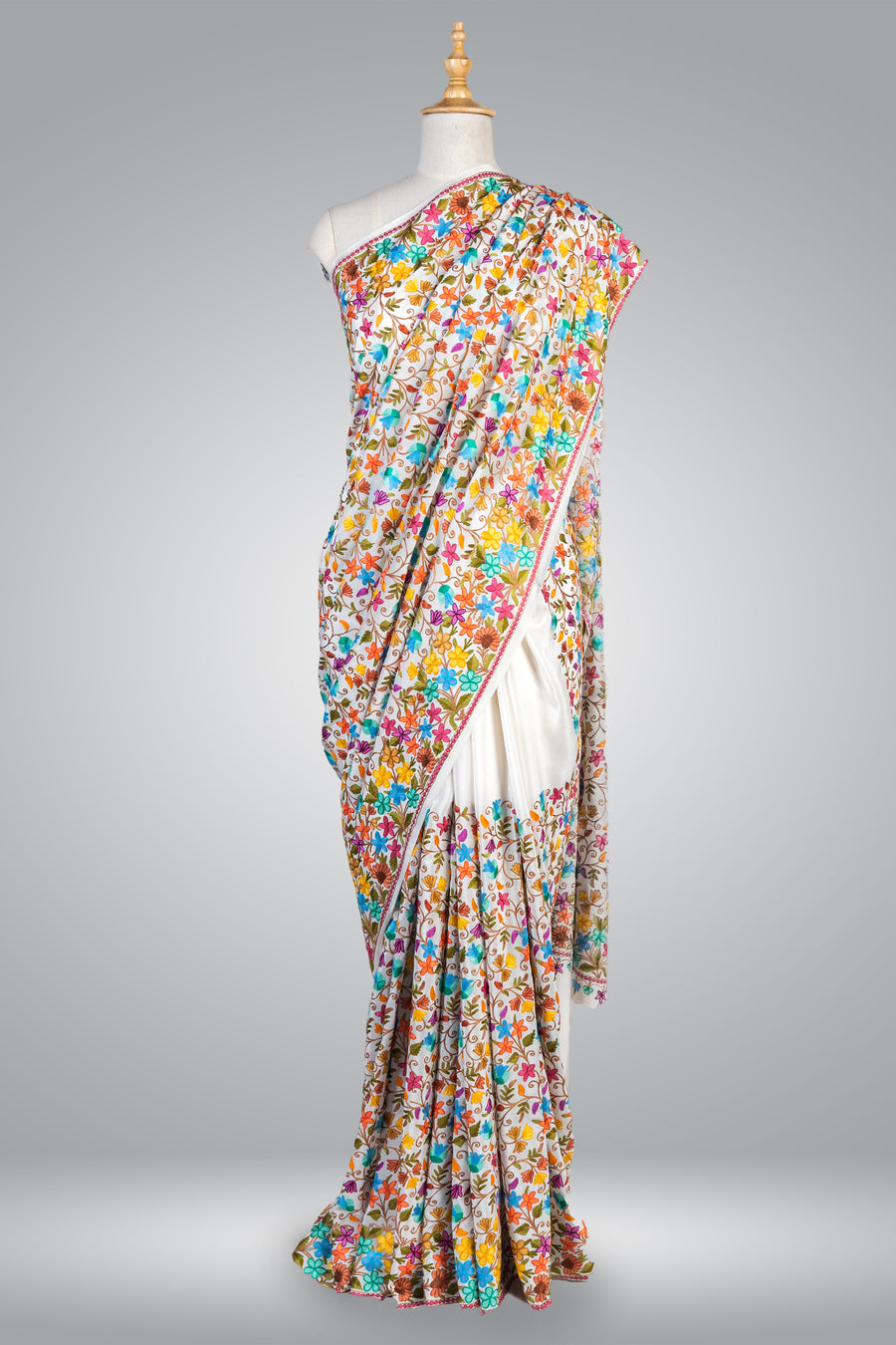Pure Crepe Saree with Heavy all over Multicolor Aari Embroidery - KashmKari