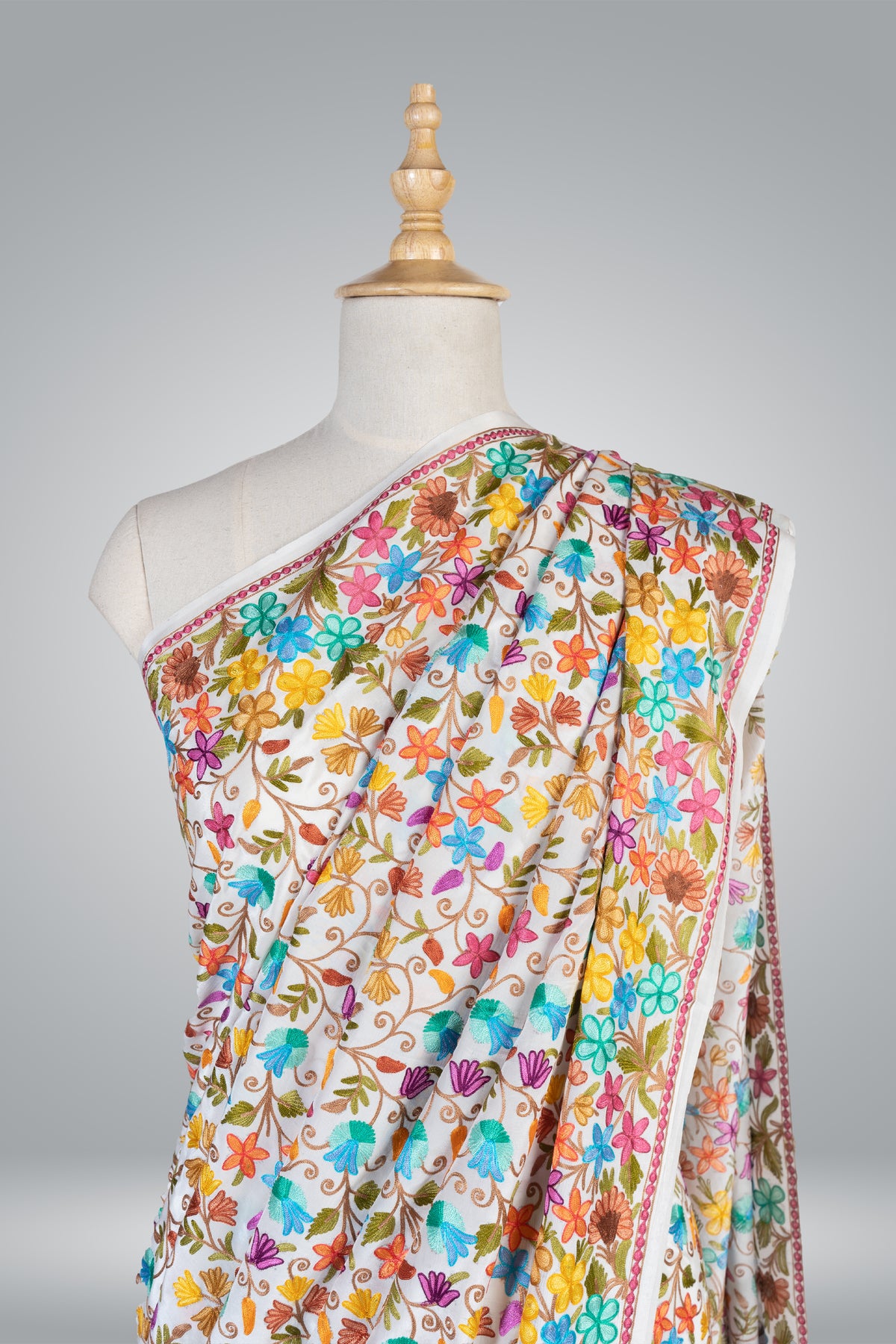 Pure Crepe Saree with Heavy all over Multicolor Aari Embroidery - KashmKari