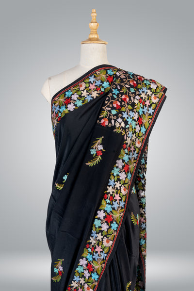 Black Kashmiri Pure Crepe saree with heavy Aari embroidery on pallu