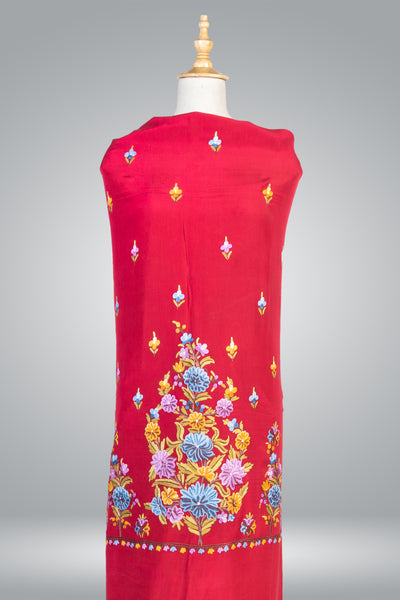 Hand-Embroidered Red Pure Crepe Saree with Kashmiri Aari Embroidery - KashmKari