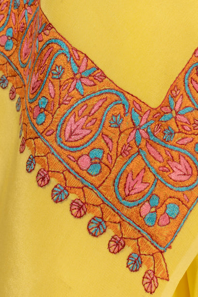 Hand-Embroidered Yellow Pure Crepe Saree with Intricate Kashmiri Sozni Embroidery - KashmKari
