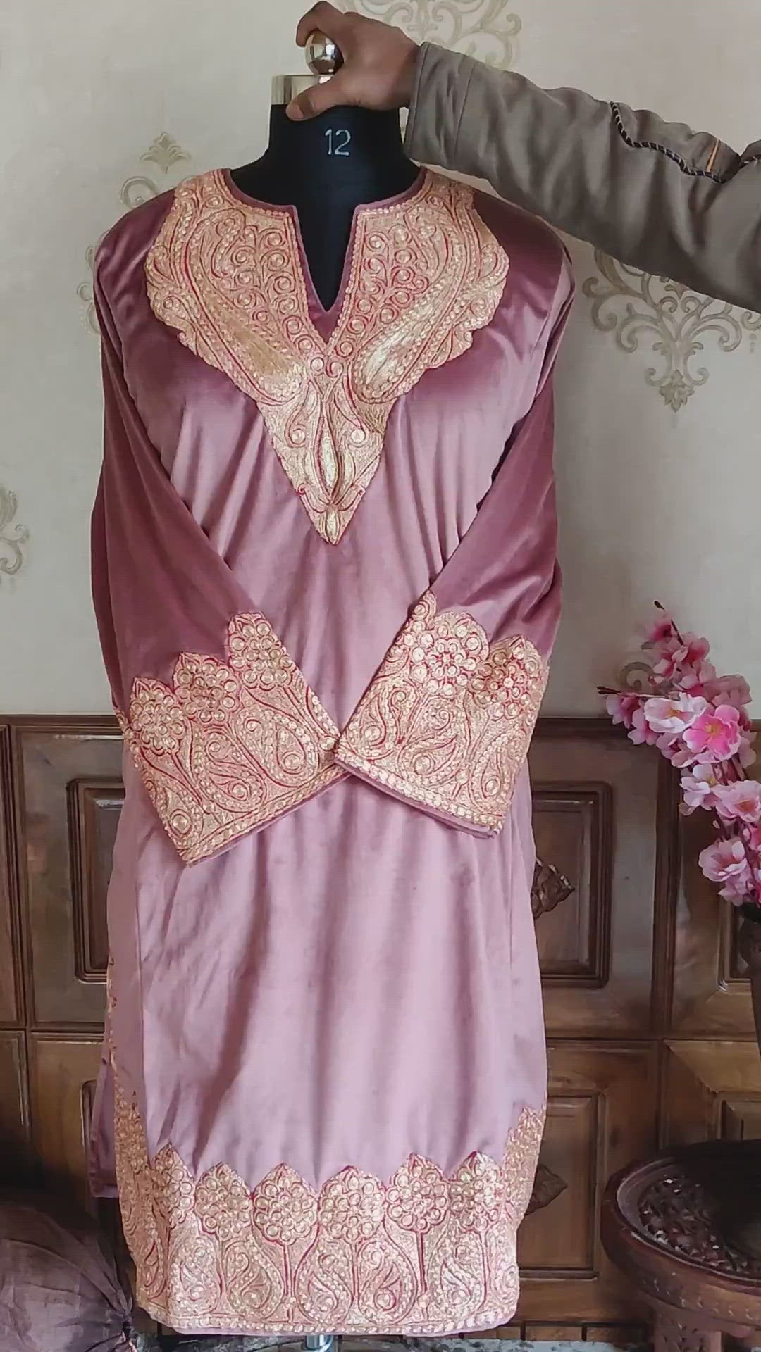 Paisley Tilla-Embroidered Pink Velvet Pheran