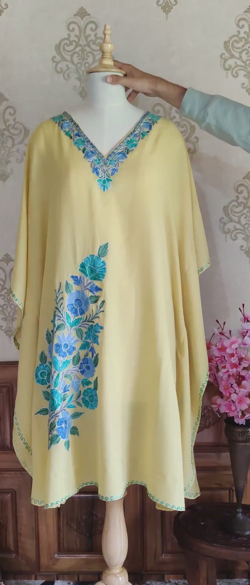 yellow  Kashmiri Kaftan With Floral Embroidery