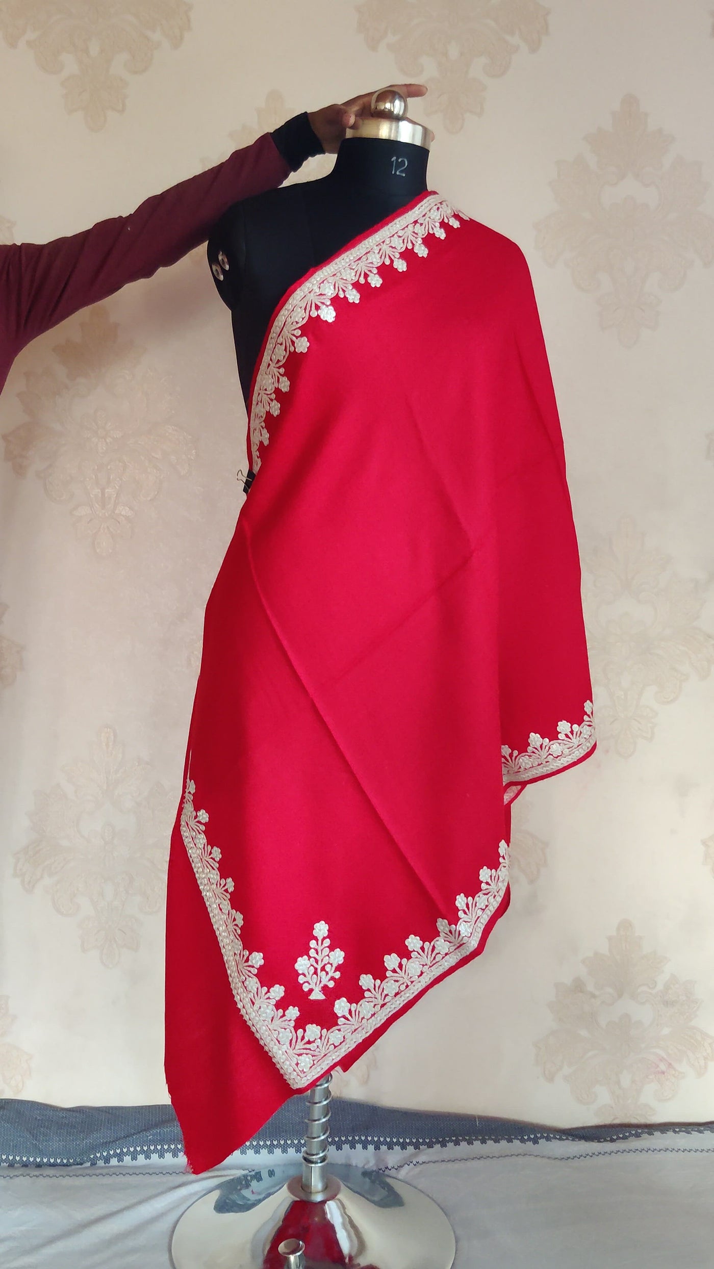 Red Merino Wool Scarf with Tilla Embroidered Border