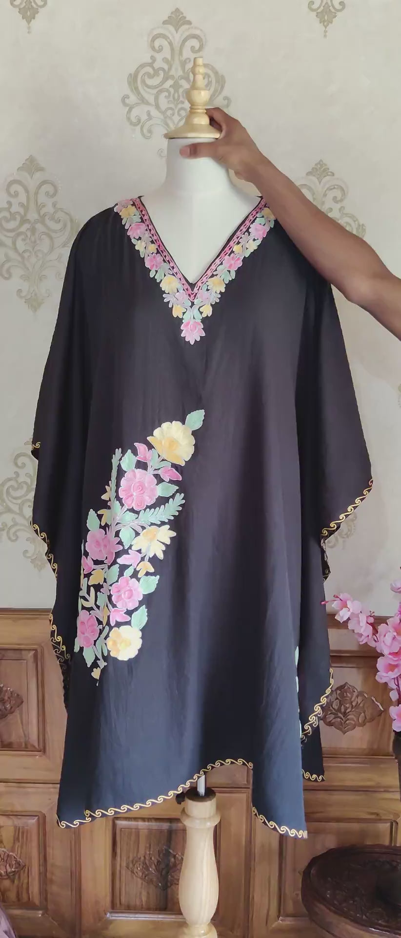 Black Kashmiri Kaftan With Floral Embroidery