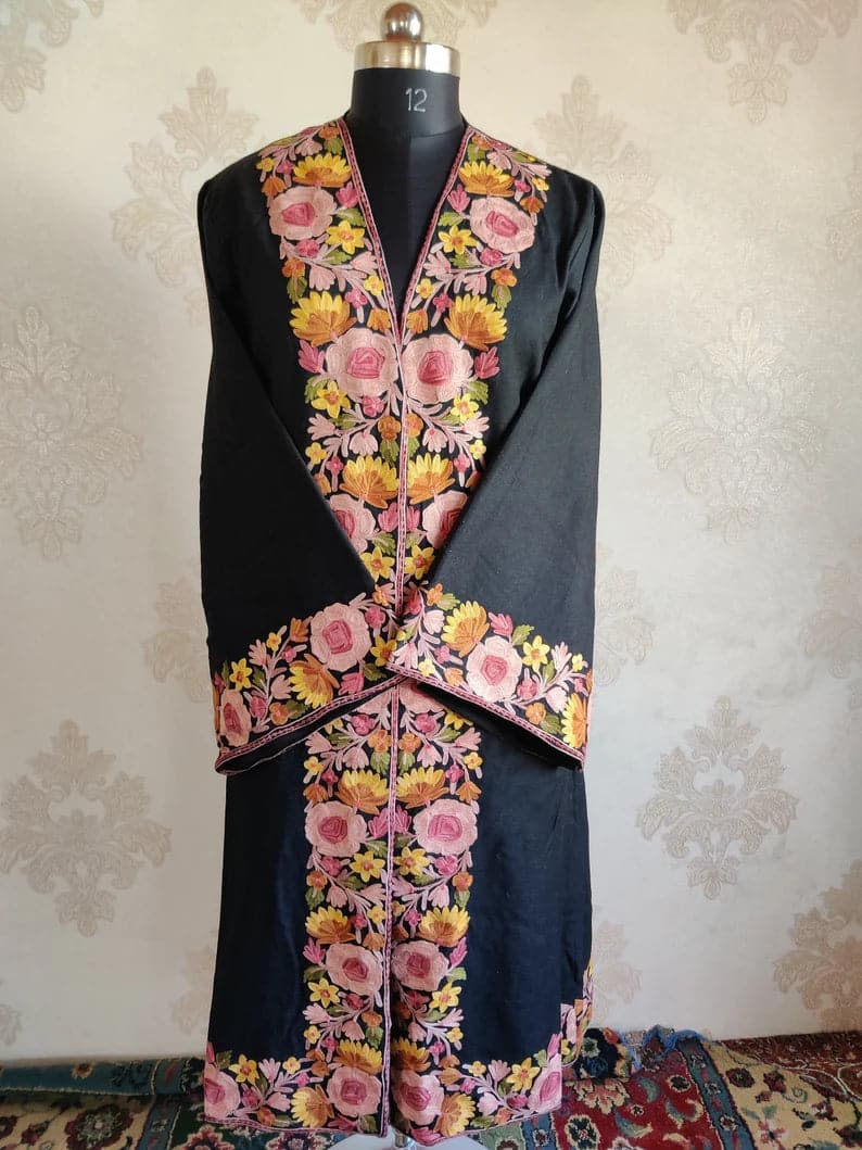Black Long Kimono with Kashmiri Floral Embroidery | Kashmiri Embroidery Robe - KashmKari