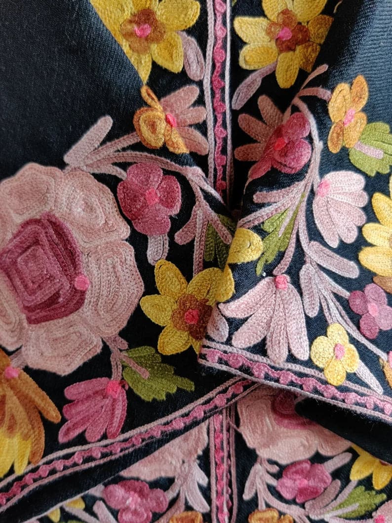 Black Long Kimono with Kashmiri Floral Embroidery | Kashmiri Embroidery Robe - KashmKari