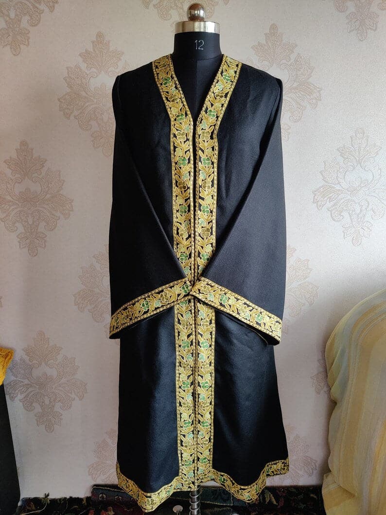 Black Long Kimono with border Kashmiri Floral Embroidery | Kashmiri Embroidery Robe