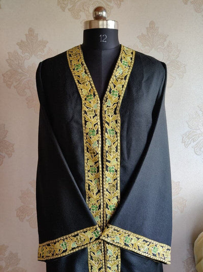 Black Long Kimono with border Kashmiri Floral Embroidery | Kashmiri Embroidery Robe