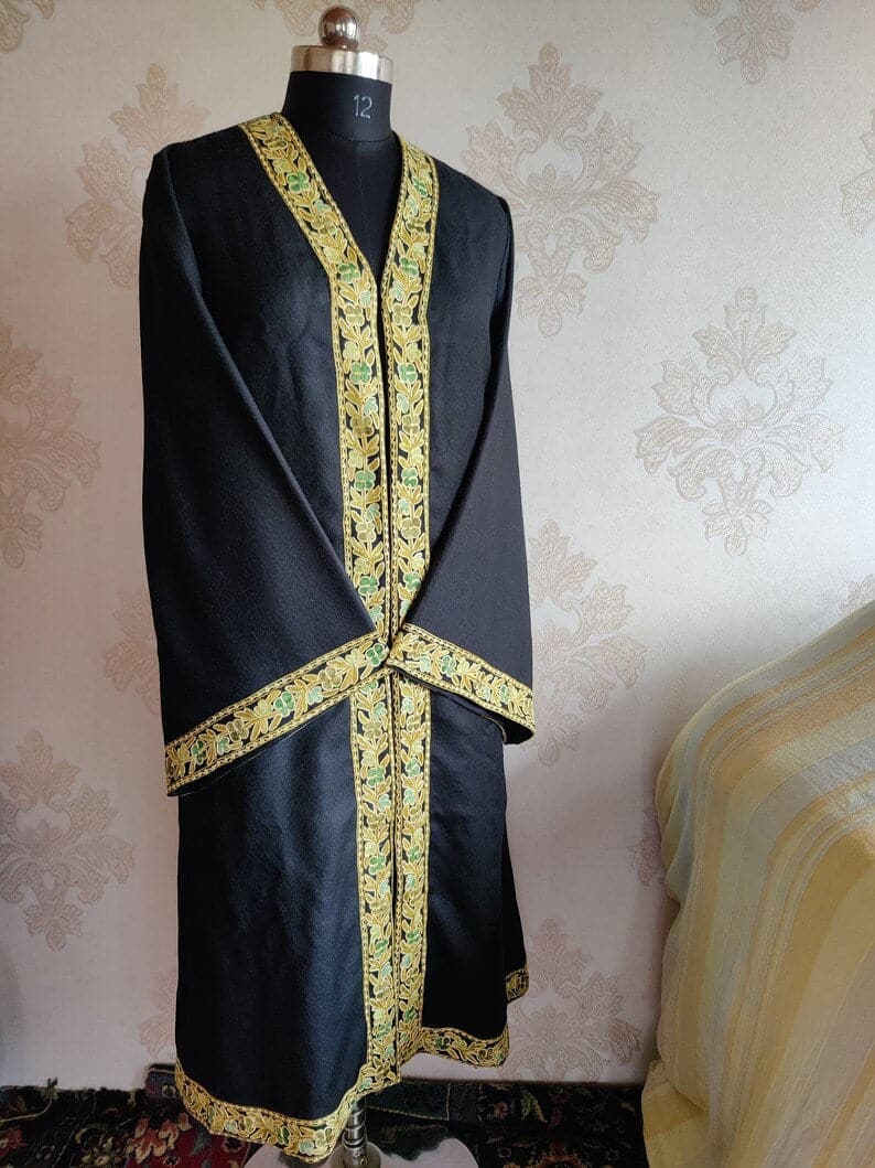 Black Long Kimono with border Kashmiri Floral Embroidery | Kashmiri Embroidery Robe