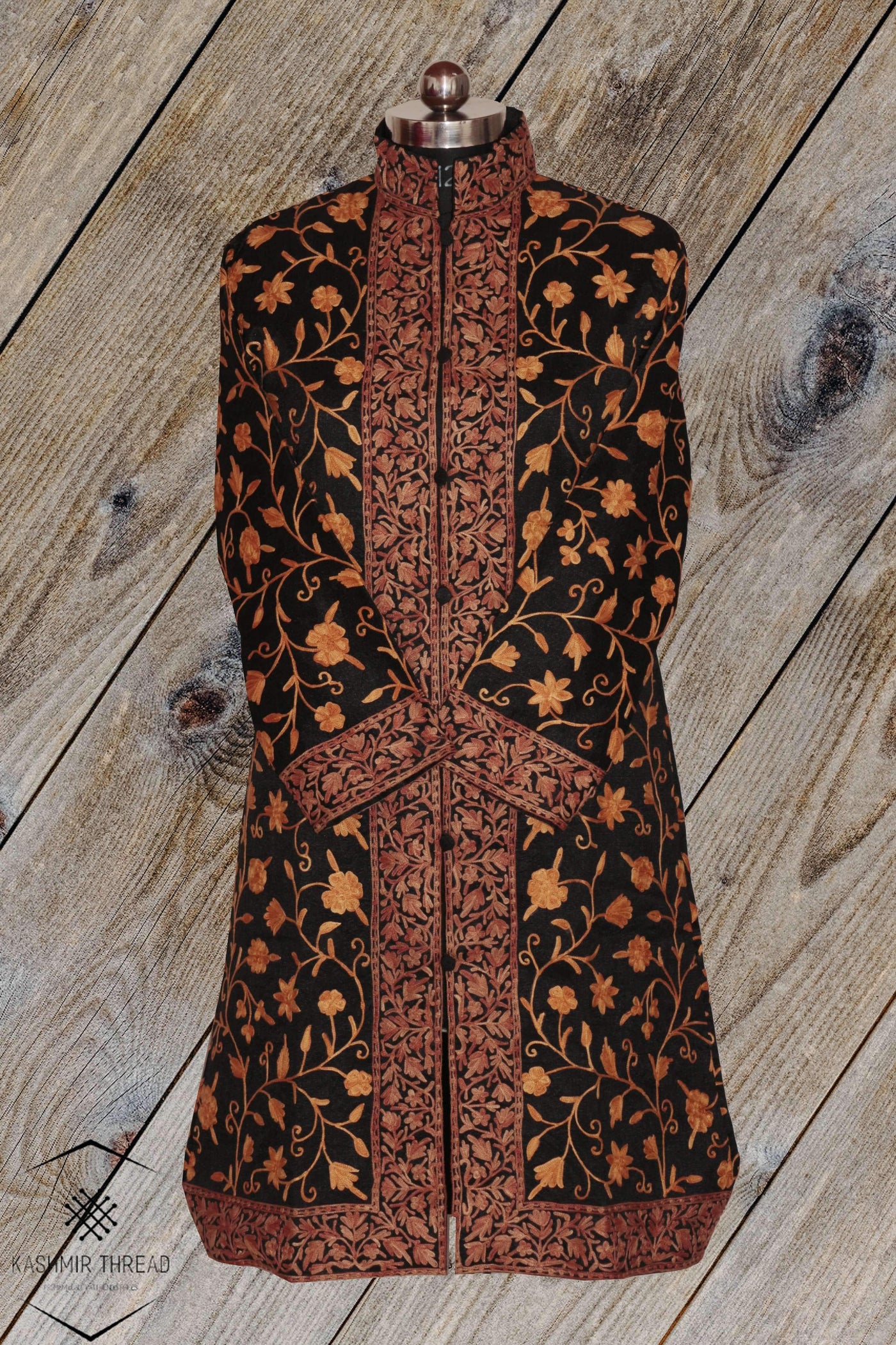 Black Kashmiri Long Coat with All over Aari Embroidery