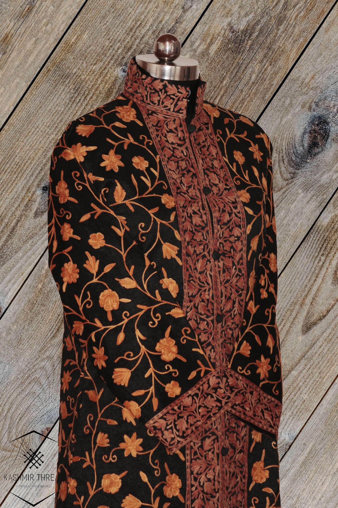 Kashmir Thread Coat 44 Black Kashmiri Long Coat with All over Aari Embroidery