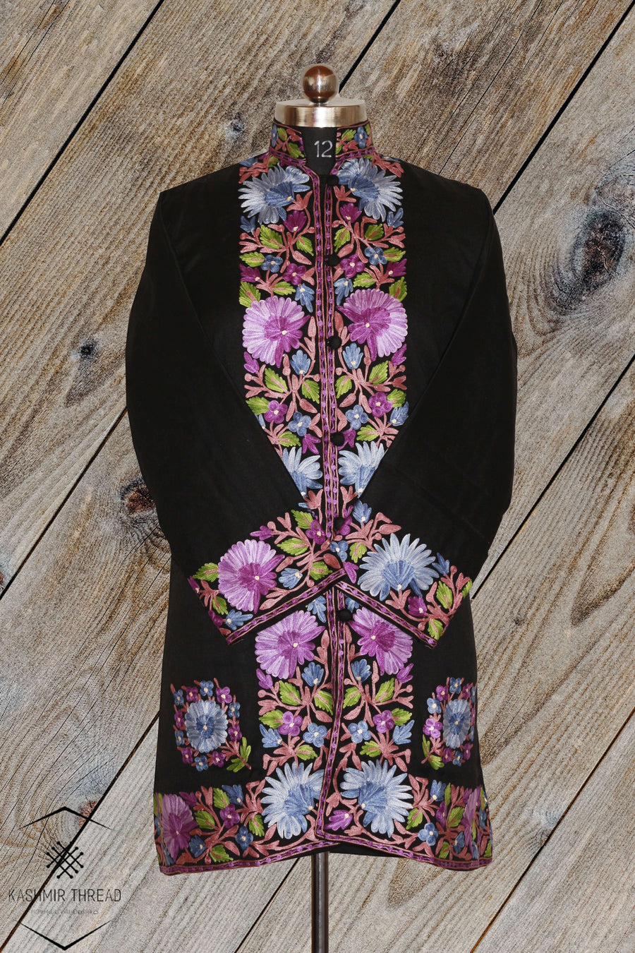 Kashmir Thread Coat XXXL (48) Black Kashmiri Woolen Jacket with Aari Embroidery