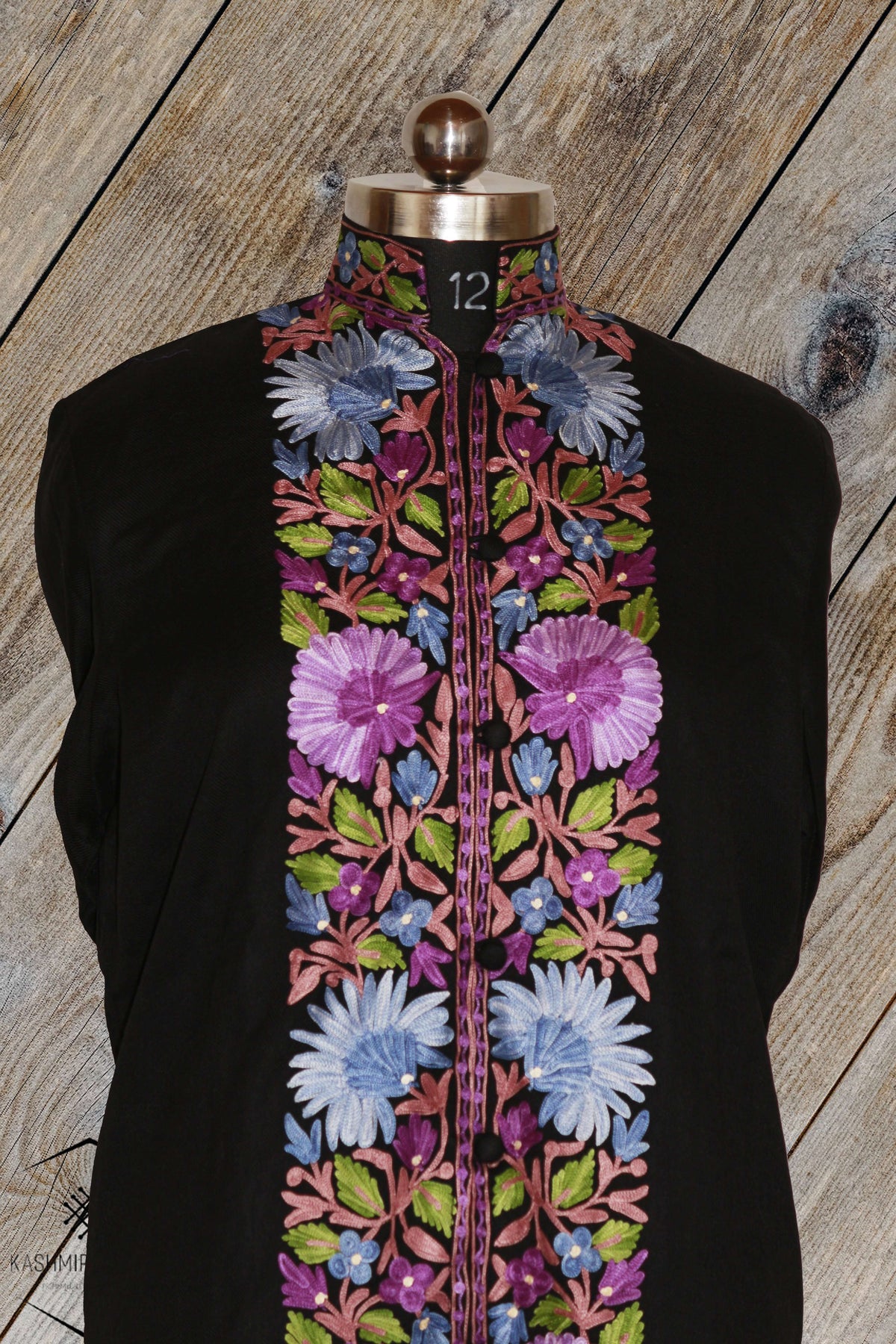 Kashmir Thread Coat XXXL (48) Black Kashmiri Woolen Jacket with Aari Embroidery