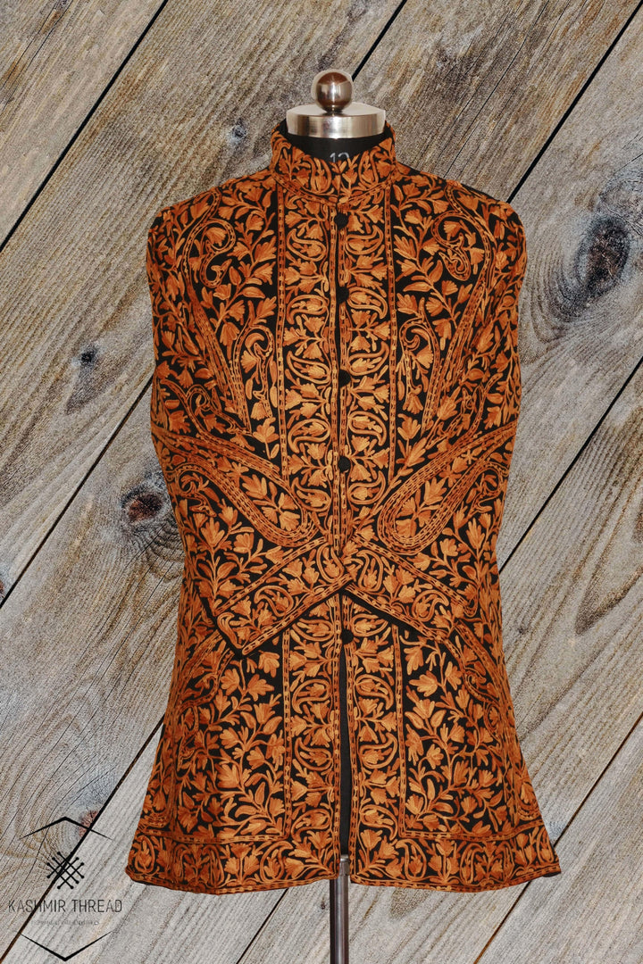 Kashmir Thread Coat M(40) Brown Kashmiri Woolen Jacket with Aari Embroidery