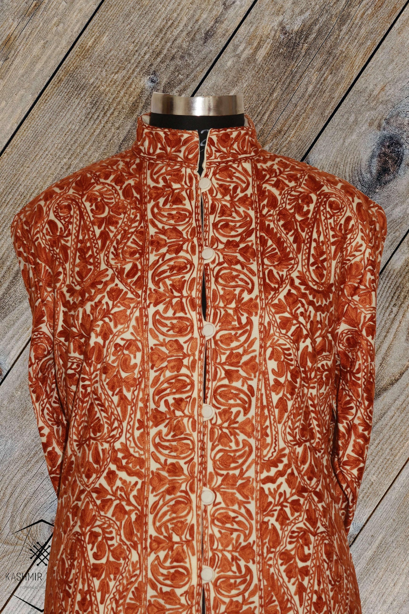 Kashmir Thread Coat XXL (46) Cream Kashmiri Woolen Jacket with Aari Embroidery