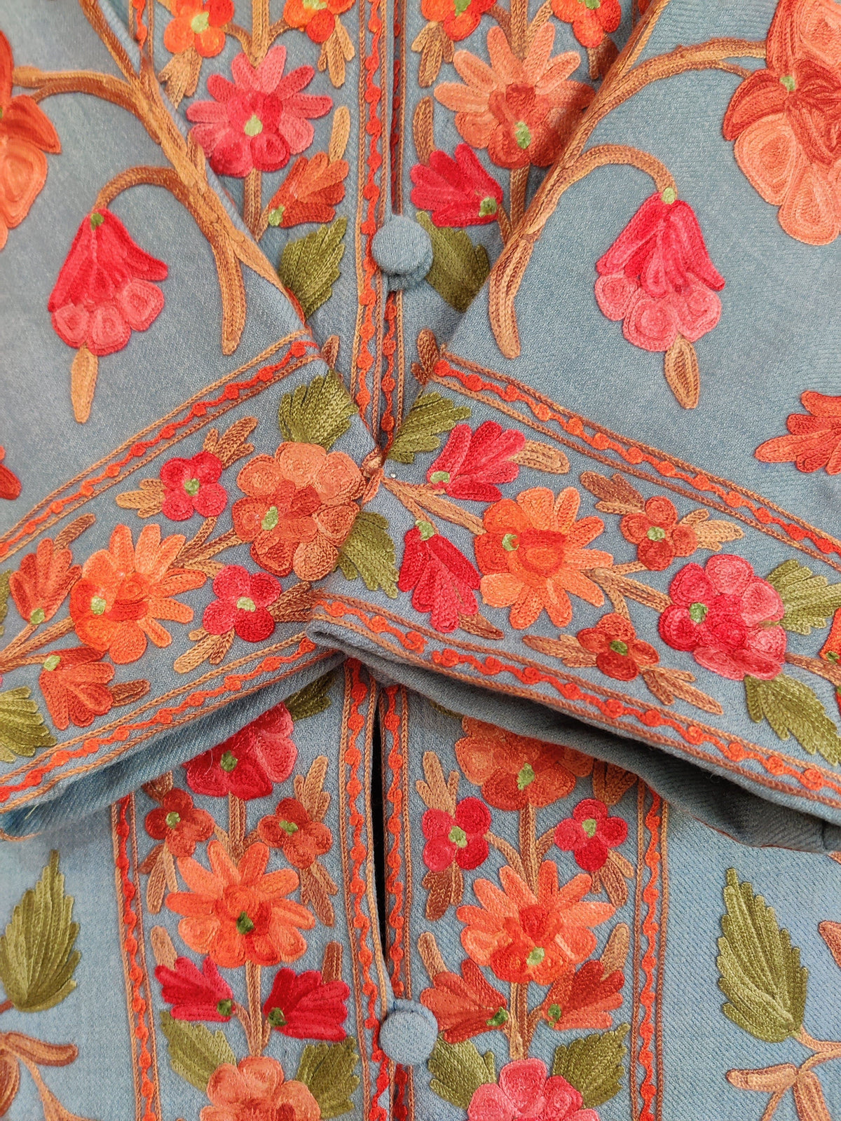 Close-up of the blue jacket’s crossed cuffs and covered buttons, bordered with coral and pink floral embroidery.