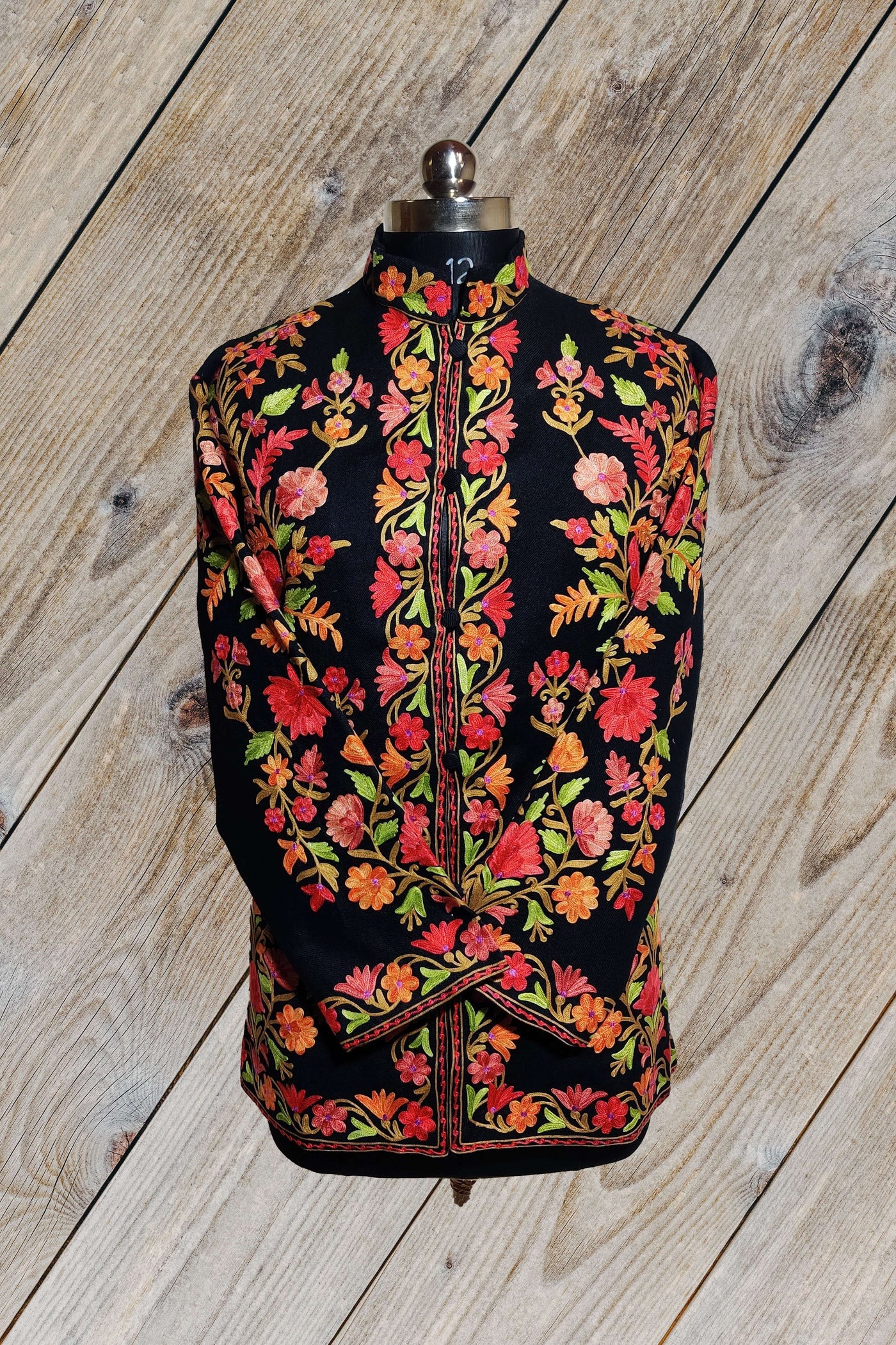 Kashmiri Woolen Jacket With Multicolour Floral Embroidery