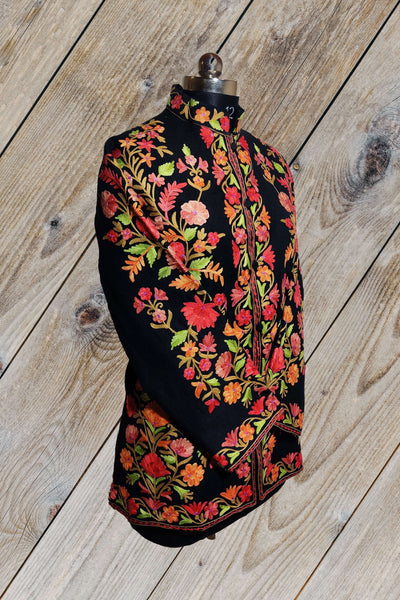 Kashmiri Woolen Jacket With Multicolour Floral Embroidery - Kashmir Thread